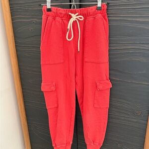 Coral Red Thin Terry Sweats/Joggers with Cargo Pockets